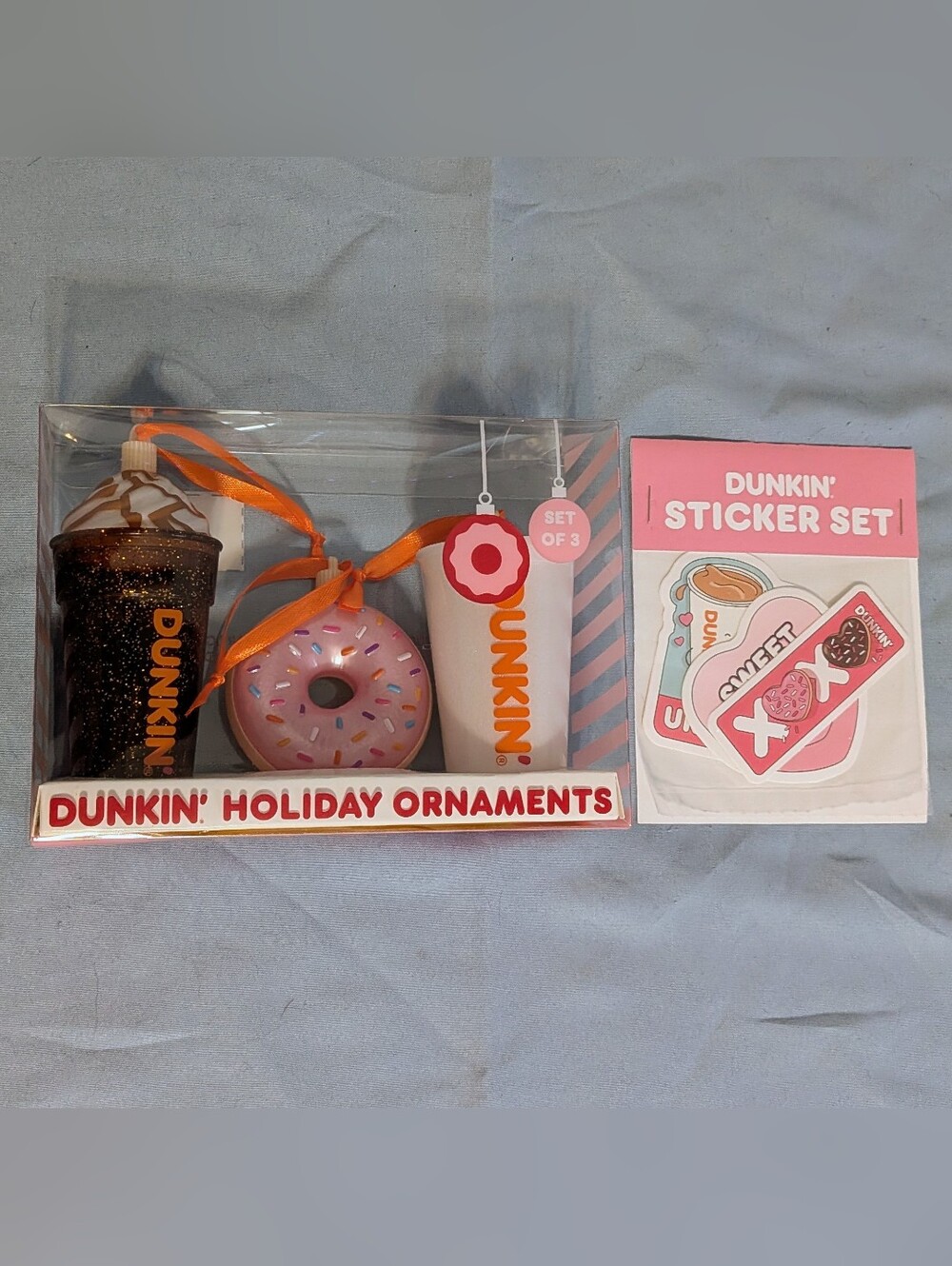 Dunkin Donuts Holiday Ornament 3-Set Mocha, Donut, Coffee & 3 Valentine Stickers